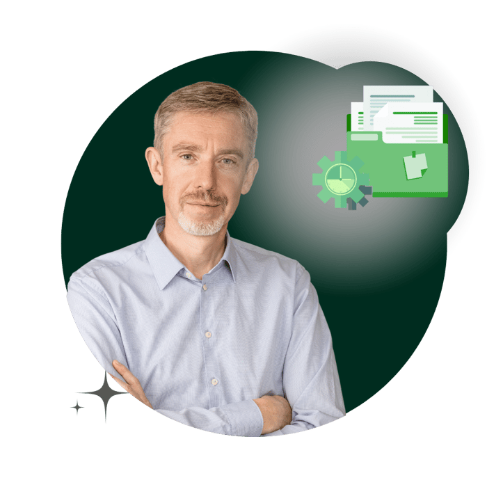 CEO arms crossed with dark green background