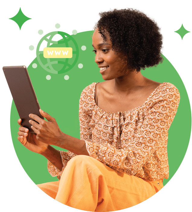 african american woman with tablet lime background