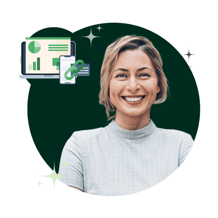 middle aged woman with dark green background circle