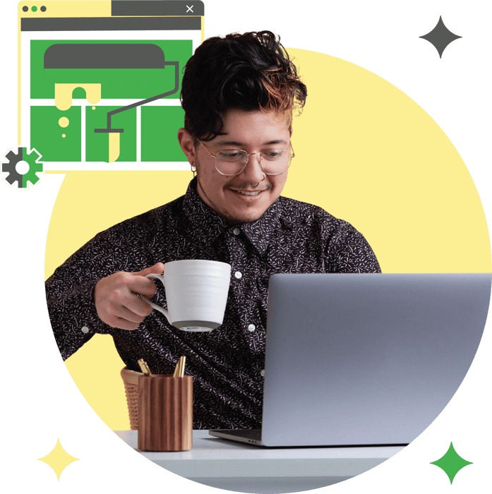 young it guy with coffee yellow background
