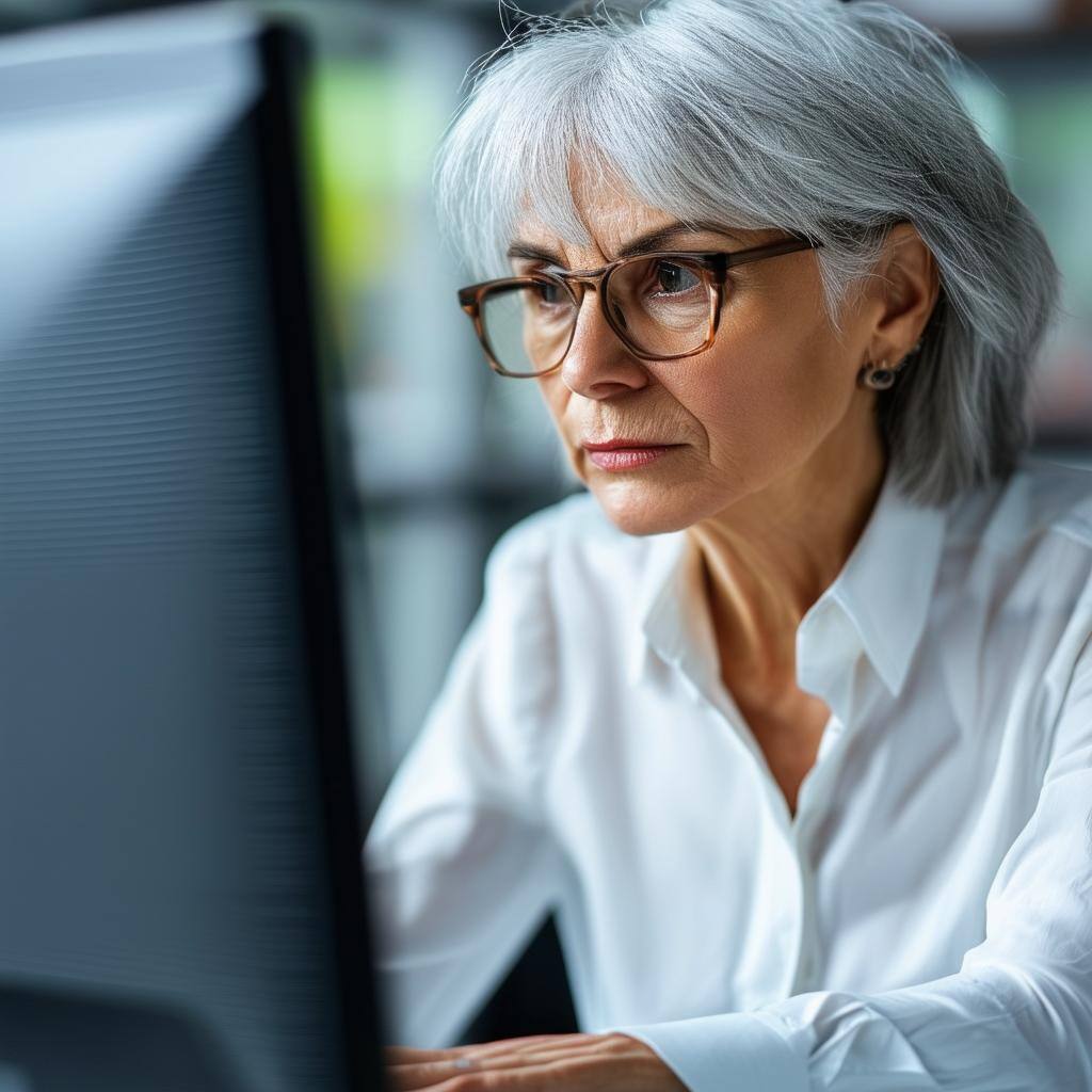 Serious grey haired Female CEO looking at her Computer screen